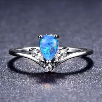 JUNXIN Mielas Moterų Karalienė Ašaros Žiedas Mados White/Blue Fire Opal Akmens Žiedas, Sidabro Spalvos Užpildyti Sužadėtuvių Žiedai Moterims