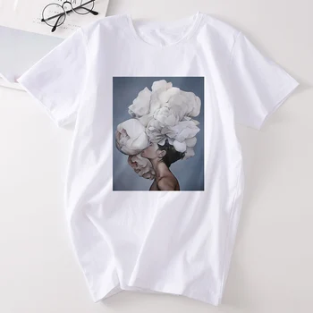 Mados Moterų T Shirts Harajuku Estetinės Plunksnų Gėlių Spausdinimo T-shirt O Kaklas Trumpas Rankovės Marškinėliai, Laisvalaikio Drabužiai Moterims