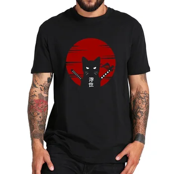 Samurajus Katė marškinėliai Japonija Stiliaus Ukiyoe Kultūros Originalaus Dizaino Modelis, Spausdinti, Medvilnės Viršūnes Tee Black Tee Streetwear