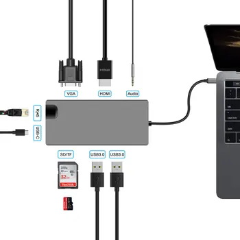 SD/TF Audio jungtis USB Hub Konverteris 4K HDMI VGA C Tipo Hub 3.0, USB į RJ45 Lan Tinklo plokštė, Skirta Macbook Matebook 