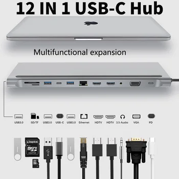 Tebe MST USB C Hub Tipo c iki HDMI VGA Multi USB, RJ45 Splitter 3.5 mm Aux USB PD Įkroviklio 