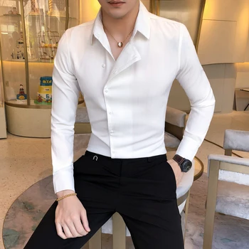 2019 Mens Marškinėliai Pavasarį Naujas Baltos Spalvos Suknelė Atsitiktinis Marškinėliai Ilgomis Rankovėmis Mens Verslo Vestito Uomo Elegante Mados Marškinėliai Stilius Slim