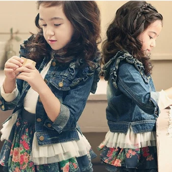 2019 pavasarį ir rudenį naujų korėjos mergaičių džinsinio striukė mergaitėms nėrinių pusėje ilgomis rankovėmis marškinėliai, vaikiški drabužiai cardigan pynė
