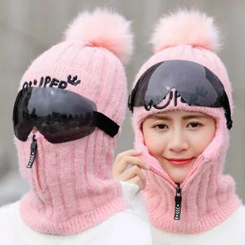 2019 Žiemos Skrybėlės Moterims Megzta Kepurė Šilta Kailio Pompom Bžūp Skullies Beanies Moterų Akiniai, Kaukės, Slidės Skrybėlės