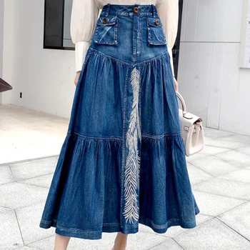 2020 m. pavasario derliaus išsiuvinėti džinsinio audinio sijonas moterims aukšto juosmens-line slim big swing kulkšnies ilgio džinsai sijonas