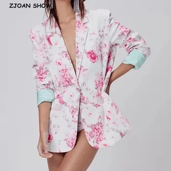 2020 m. Rudenį, Pink Gėlių Spausdinti Švarkas Baltos spalvos Vintage Moterų Įpjovomis ilgomis rankovėmis vieną mygtuką Prarasti Kostiumas Atgal Plyšio Atsitiktinis Kailis Outwear