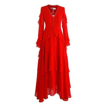 2020 m. Rudenį Raudona Derliaus Moterims, Ilgą Šifono Suknelė su V-kaklo Susiėmę Šalis Suknelės Mados Moterų ilgomis Rankovėmis Asimetrinė Suknelė