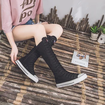 2020 naujas mados 3Colors moterų drobė batai nėrinių užtrauktukas kelio ilgi batai batai butas batai atsitiktinis aukštos padėti punk batai mergaitėms