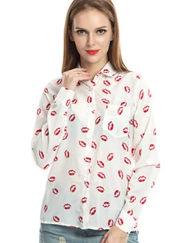 2020 naujas moterų atsitiktinis mados marškinėliai atvartas ilgomis rankovėmis lūpų spausdinti pledas dugno marškinėliai šifono marškinėliai