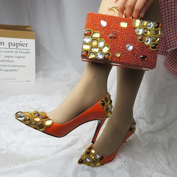 2020 Naują atvykimo Orange Kristalų Moterų vestuvių batai su atitikimo krepšiai Pažymėjo tne Aukštos Siurbliai mados ponios batai ir Rankinės