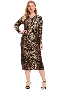 2021 Abaja Ilgai Pavasarį Moterų Leopard Ponios Suknelės Didelis Plius Dydis Mados Elegantiškas, Seksualus Rankovėmis Aukštos Juosmens Midi Šalis Suknelė