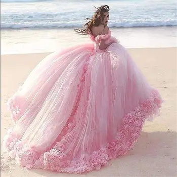 3D Gėlės Quinceanera Suknelę, Rožinės spalvos Kamuolys Suknelė Princesė Tiulio Korsetas Blizgučiai Saldus 16 Suknelės Vestido De Debutante