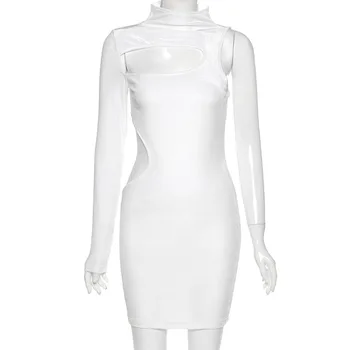 ANJAMANOR Baltos spalvos Veliūras Bodycon Suknelės Moterims Seksualus Clubwear Gimtadienio Tuščiaviduriai, Vienas ilgomis Rankovėmis Mini Suknelė D96-BB20