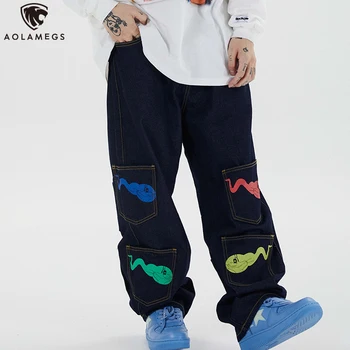 Aolamegs Vyrų Džinsai Spalvingas Mielas Gyvūnų Spausdinti Multi-Pocket Krovinių Džinsinio Audinio Kelnės Juokinga Mados Hip-Hop Kelnės Rudenį Streetwear