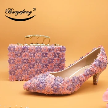 BaoYaFang Kūdikio Rausva, violetinė Gėlių Vestuvių batai su atitikimo krepšiai Ponios moteris saldus šalis suknelė batų Pažymėjo Tne Siurbliai