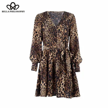 Bella Filosofija 2019 Leopardas Spausdinti Lady Mini Klubas Wrap Suknelė Elegantiškas V Kaklo Seksualus Streetwear Vintage Suknelė Moterų Vestidos