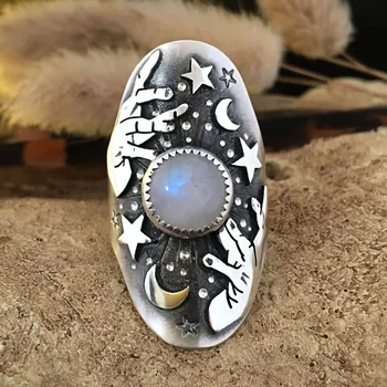 Boho Stiliaus Antikvariniai Star Mėnulio Formos Žiedo Opalas Žiedas Ovalo Moterų Įsitraukimą Vestuvių Papuošalai Dovana