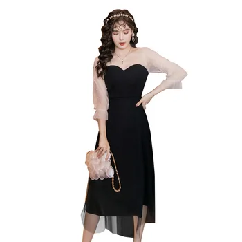 COIGARSAM prancūzų Stilius Visiškai Rankovės Moteris Ilga suknelė Vasaros Derliaus Akių Suknelės Juoda 9040