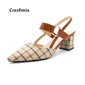 Cresfimix moterų mados pažymėjo tne aukštos kokybės vasaros aukšto kulno batai lady klasikinės juodos spalvos pledas siurbliai moterų laisvalaikio bateliai a5535