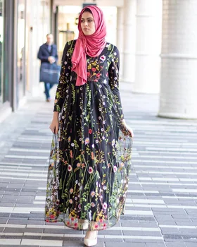 Dubajus Saldus Gėlių Musulmonų Suknelė Moterims Gėlių Siuvinėjimas Big Swing-line Ilga Suknelė Nėriniai-up Islamo Drabužių Maxi Hijab Suknelės