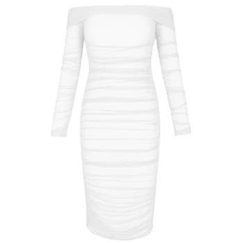 Elnias Panele Nuo Peties Suknelės Moterų 2020 M. Žiemos Akies Ruched Bodycon Suknelė Seksualus Vestidos Balta Ilgomis Rankovėmis Midi Suknelė Šalis