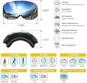 Findway Slidinėjimo Akiniai Magnetinio Greitai Keičiamais Objektyvais, Frameless Dual-Layer Objektyvo Anti-Rūko OTG Snieglentės akiniai Vyrams, Moterims