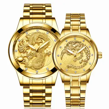 FNGEEN Porą Žiūrėti Vyrų Dragon Moterų Phoenix Laikrodžiai Viršuje Prabangos Prekės Kvarco Aukso Laikrodis atsparus Vandeniui Nerūdijančio Stee Šviesos Vyras
