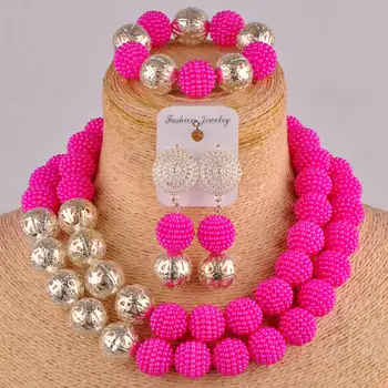 Fuchsia pink kostiumas karoliai afrikos karoliukai papuošalų rinkinys imituojamas pearl nigerijos vestuvių vestuvių papuošalai rinkiniai FZZ91
