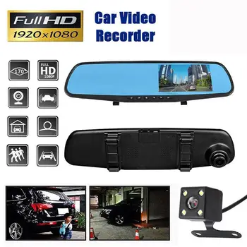 Full HD 1080P Automobilių Dvr Kamera Auto 4,3 Colių galinio vaizdo Veidrodis Skaitmeninio Vaizdo įrašymo Atbulinės eigos Vaizdo Plataus Kampo Dvigubo Objektyvo Kamera
