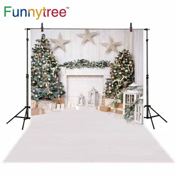 Funnytree Kalėdų Fotografijos Fone Namų Toli Peržiūrėti Dekoro Naujųjų Metų Medis Kūdikių Šeimos Fone, Medinės Grindys, Foto Studija