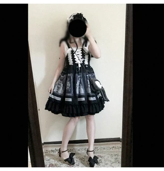 Gotikos rūmuose, saldus derliaus falbala minkštas mergina spausdinimo viktorijos suknelė kawaii girl gothic lolita princess lolita dirželis suknelė