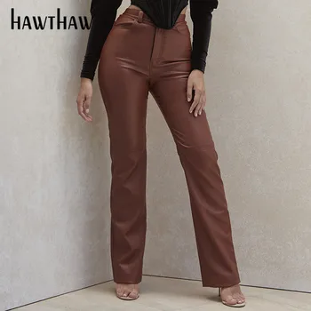Hawthaw Moteris Rudens-Žiemos Aukšto Juosmens Mados Pu Odos Kišenė Tiesiai Streetwear Moterų Ilgas Kelnes 2020 M. Rudenį Drabužiai