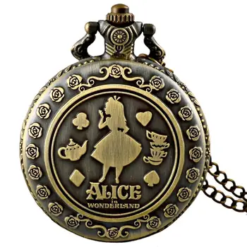 IBEINA Alice in Wonderland Tema Visiškai Medžiotojas Kvarco Graviruotas Fob Retro Pakabukas Kišeninio Laikrodžio Grandinė Dovanų