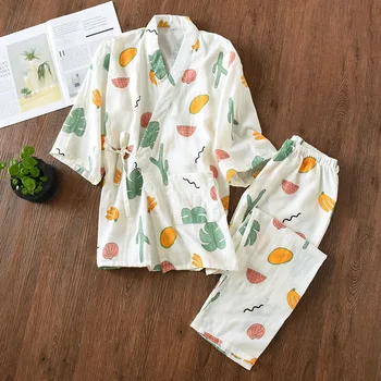 Japonijos Moterų Grynos Medvilnės Pižama Nustatyti Vidurio-rankovės Kimono Tradicinių Namų Tarnauti Kostiumas Spausdinimo Priežastinis Yukata Pižamą Homewear