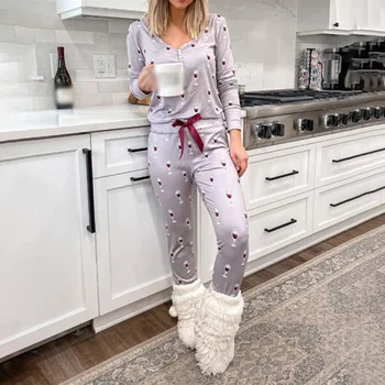 Kalėdų Animacinių Filmų Spausdinti Moterų Homewear Pižama Nustatyti Elastinga Juosmens Lankas Slim Moterų Pajama 2020 M. Rudenį Atsitiktinis Ponios Sleepwear