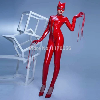 Karšto Pardavimo Catsuit 3PCS Bodysuit +Pirštinės +Kaukė Moterų Sexy Juoda Raudona Catwomen PVC Kostiumas Pole Dance Porno Latekso Bodysuit