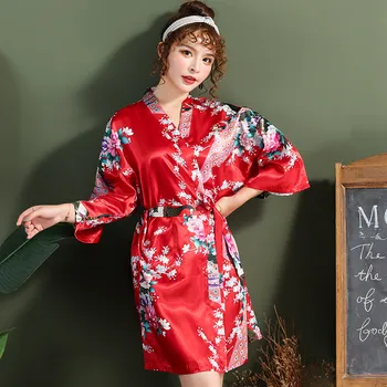 Kinijos Raudona Moterų Chalatas Seksualus Prarasti Vestuvių Apdarą Atsitiktinis Lounge Sleepwear Kimono Suknelė Spausdinti Povas V-kaklo, Mini Namų Drabužių