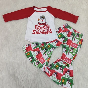 Kūdikis, Kalėdų Frosty Sniego Ilgomis Rankovėmis Marškinėliai Bell Bottom Kelnės Dizaino Vaikų Mergaičių Boutique Drabužių Komplektus