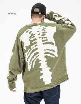 Laisvas Skeleto Kaulų Spausdinimo Megztinis Vyrams Moteris Aukštos Kokybės Crewneck Vintage Žalia Susagstomi Megztiniai