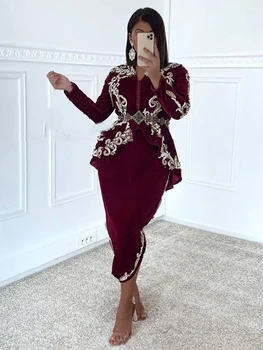 LORIE arabų Maroko Caftan Vakarą Bordo Suknelė ilgomis Rankovėmis Dubajus, Saudo Nėriniais, Karoliukais Aksomo Oficialų Prom Šalies vakarinę Suknelę