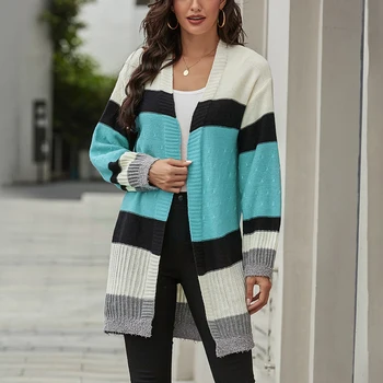 Mados Cardigan Megztiniai Moterų 2020 M. Rudenį Mezgimo Colorblock Kratinys Šiltas Ilgas Megztinis Kailis Streetwear