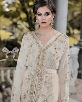 Mielas Gėlių Maroko Kaftan Vakaro Suknelė Elegantiškas Aplikacijos Duobute Ilgomis Rankovėmis Musulmonų Ypatinga Proga-Suknelė Alžyro Arabų