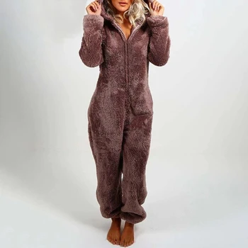 Minkštas Bendras Pižama Onesies Moterų Žiemos Sleepwear ilgomis Rankovėmis Plius Pliušinis Storio naktiniai drabužiai Gobtuvu Homewear Pižama Rūbeliai