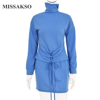 Missakso Moterų Golfo Mėlyna Suknelė Nėrinių Streetwear Elegantiškas Ilgomis Rankovėmis Mados Moteriška Šalis Rudenį, Žiemą Megztinius Mini Suknelė