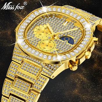 MISSFOX Vyras prabangos Žiūrėti Aukso Ledo Iš Visiškai Diamond Aikštėje Laikrodžius Dvigubo Rinkimo Chronografas atsparus Vandeniui Laikrodžiai Mens 2020 Naujas