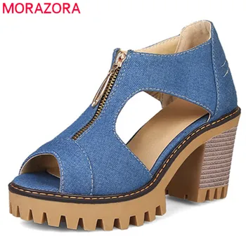 MORAZORA 2020 naujausias džinsinio moterų sandalai peep toe aukštakulniai platformos batai mados zip vasaros suknelė batai ponios office batai