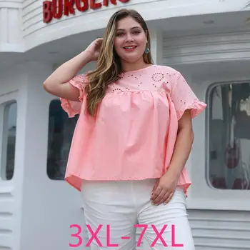 Moterų 2021 m. vasarą plius dydis viršūnes moterų didelės trumpas rankovės atsitiktinis palaidų tuščiaviduriai dėmesį, O kaklo T-shirt rožinė 3XL 4XL 5XL 6XL 7XL