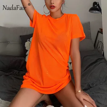 Nadafair Atsitiktinis Marškinėliai Tinklelio Suknelė Moterims Neon Orange Laisvi Vasarą Mini Suknelė 2019 Trumpas Rankovės Tiesiai Paplūdimio Suknelės Moteris