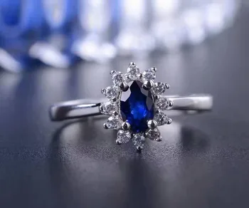 Natūrali tamsiai mėlynas safyras perlas Žiedas Natūralus akmuo Žiedas 925 sterlingas sidabro madinga Diana apvalios moterys, jubiliejaus dovana, Papuošalai