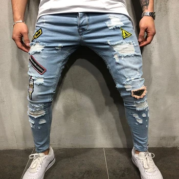 NAUJAS 2019 mados vyrų skylė siuvinėjimo džinsai Hip-hop slim džinsai vyrams